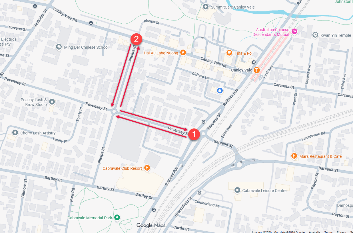 Map showing proposed 2-hour parking restrictions on Pevensey Street and Phelps Street, Canley Vale