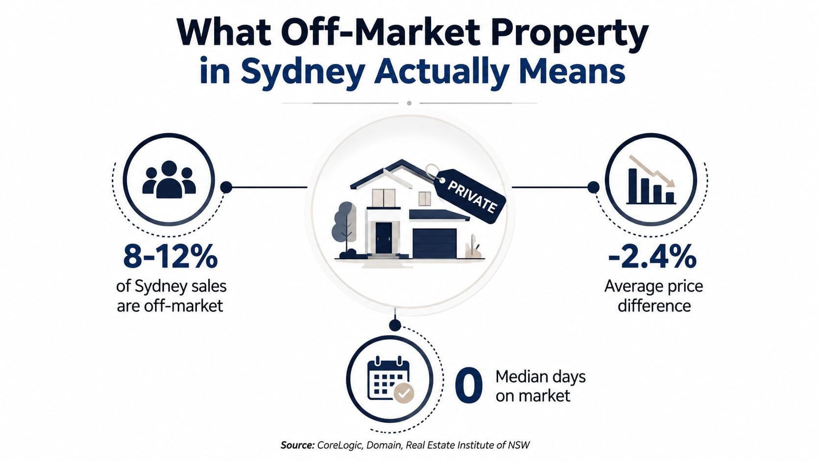 An infographic showing statistics for off-market property sales in Sydney including market volume and price differences.