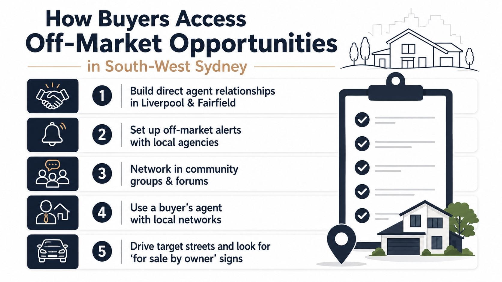An infographic titled How Buyers Access Off-Market Opportunities in South-West Sydney, displaying five steps for finding real estate.