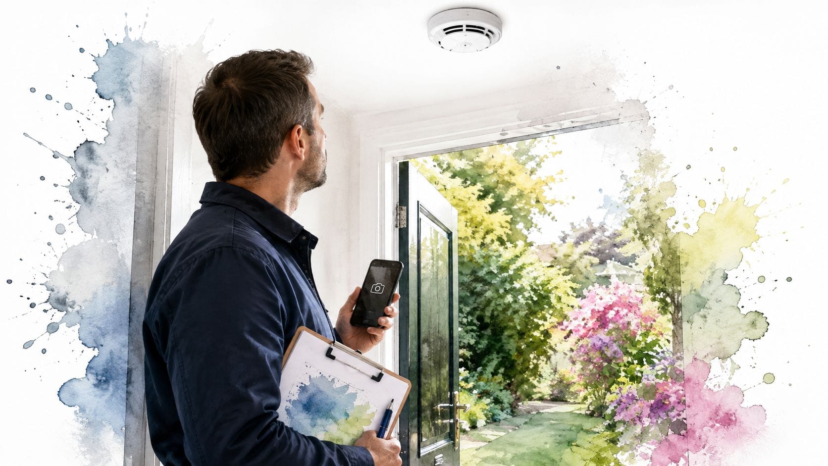 A professional inspector holding a smartphone and clipboard checking a smoke detector in a residential home.