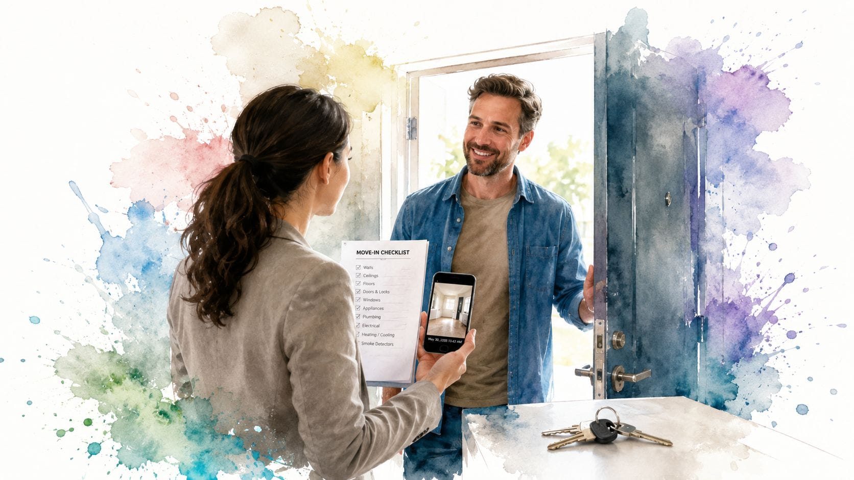 A property manager presenting a rental move-in checklist to a new tenant standing at the open doorway.