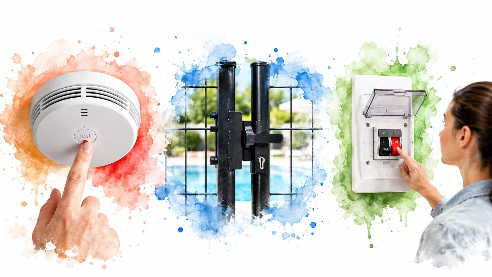 Collage of essential home safety items including a smoke detector, pool gate, and a circuit breaker.