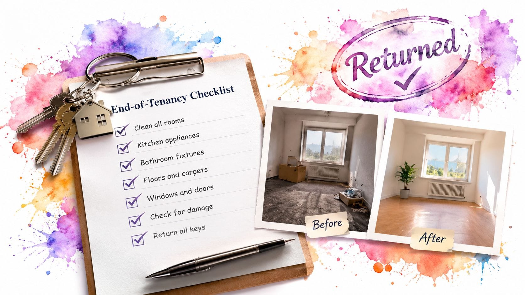 An end-of-tenancy checklist on a clipboard beside a pen, keys, and before-and-after room renovation photos.