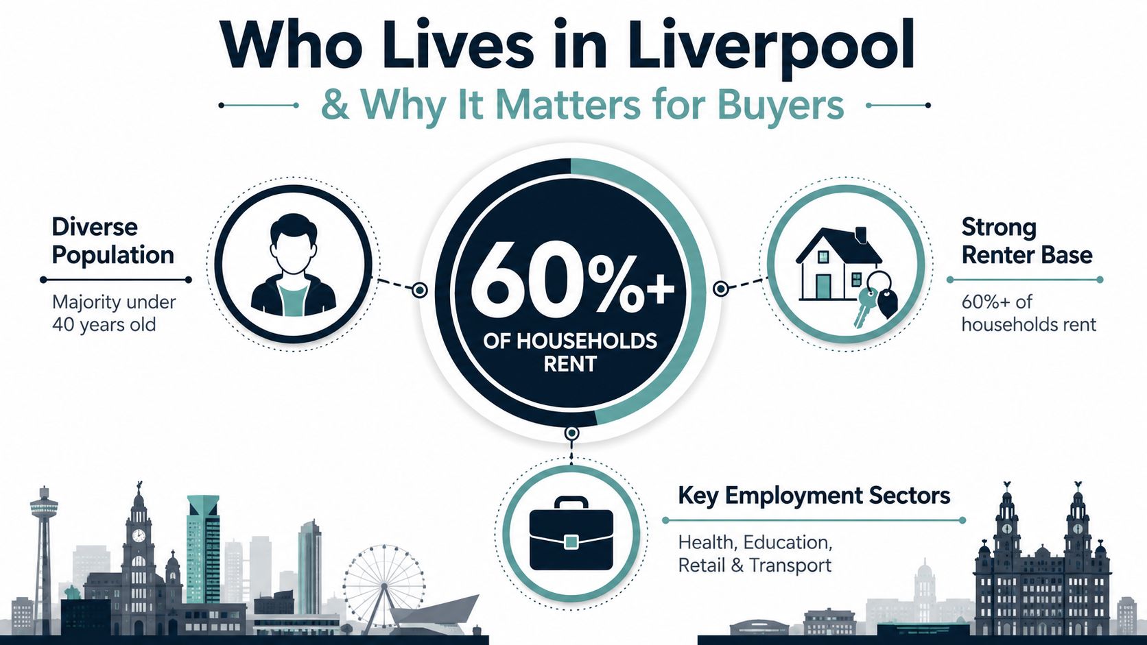 An infographic showing Liverpool demographics and housing market data highlighting a renter-heavy population and employment sectors.