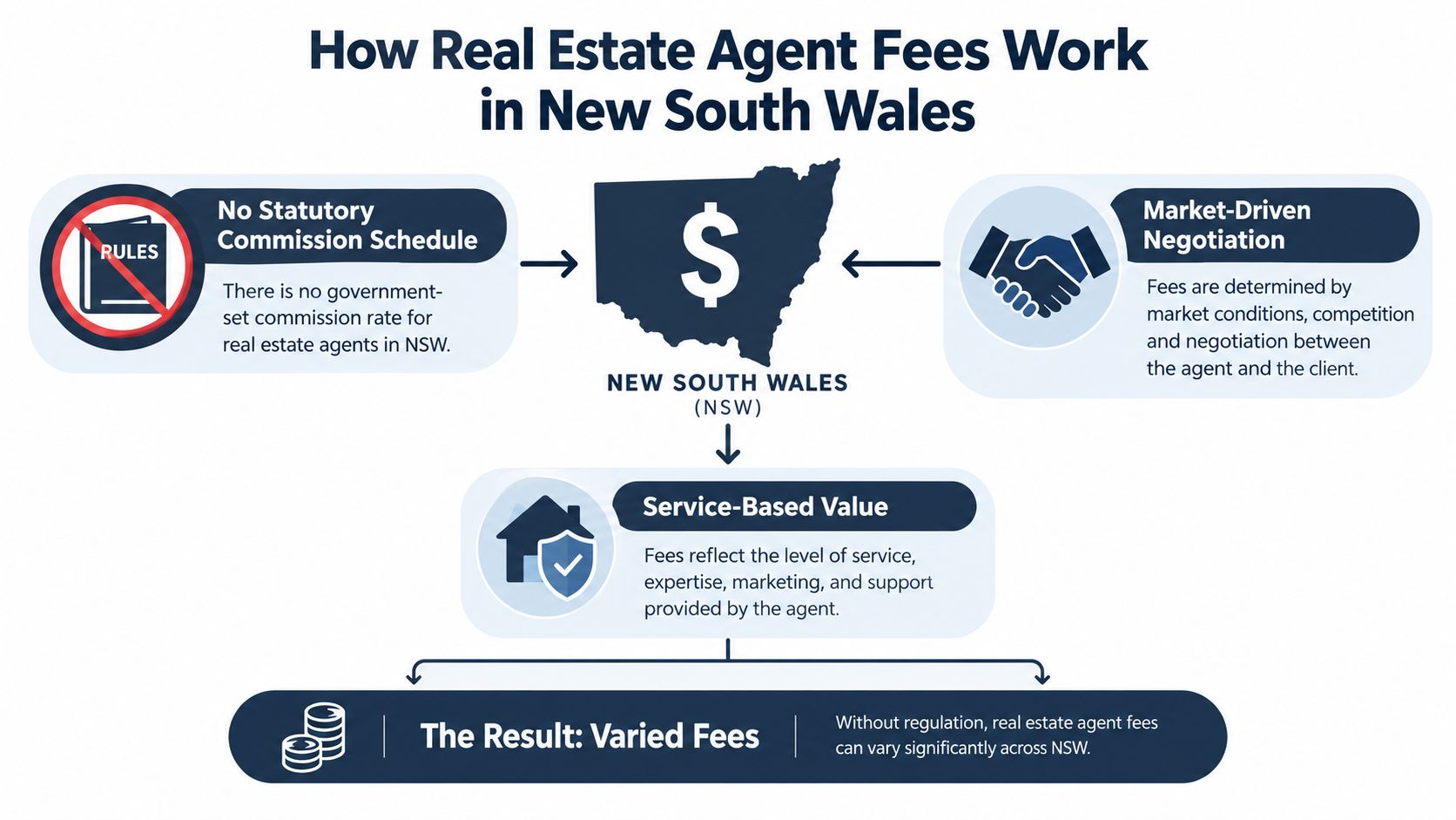 An infographic explaining that real estate agent fees in New South Wales are negotiable and vary by service.