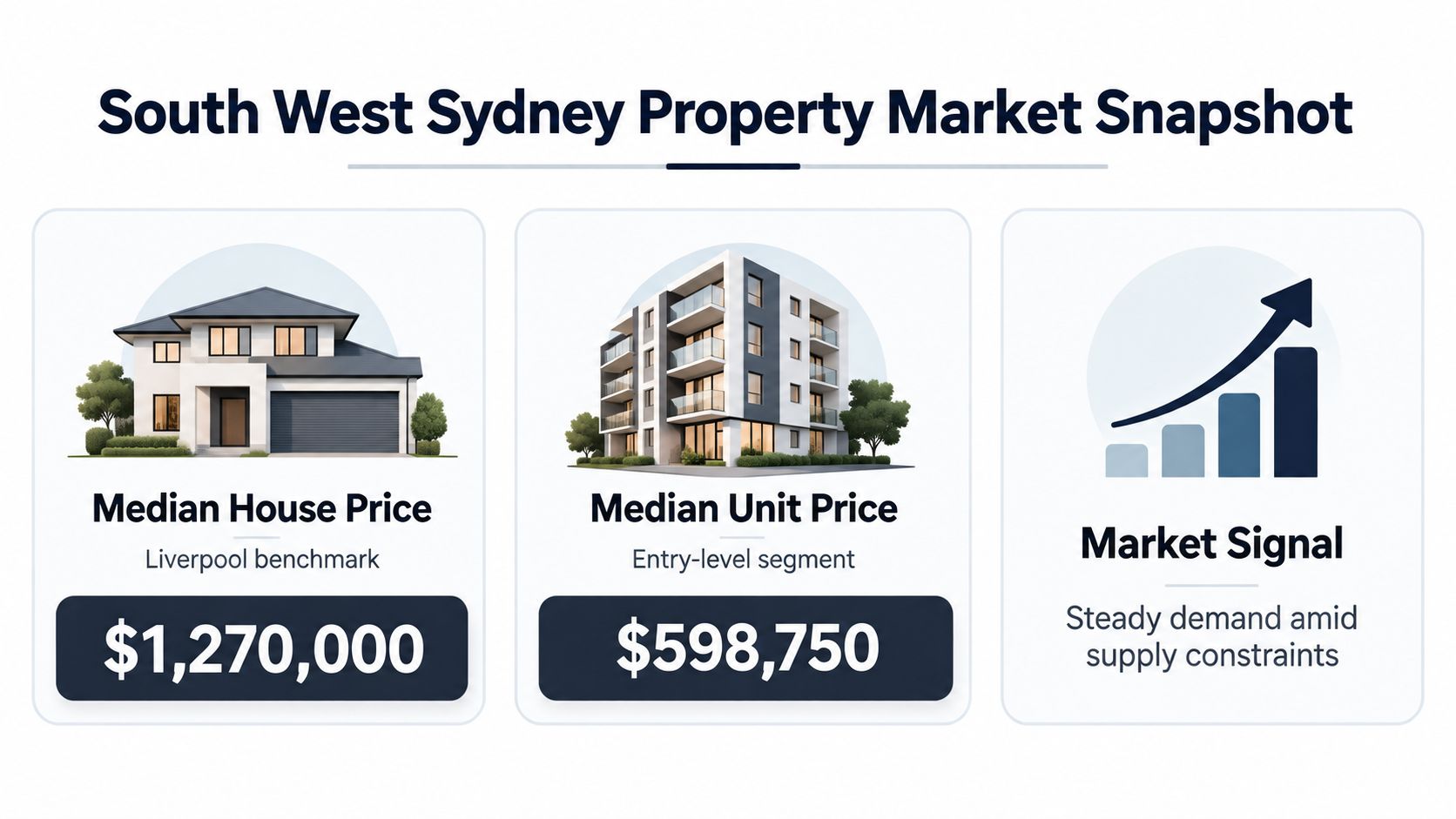 An infographic showing property market data for South West Sydney, including house and unit median prices.