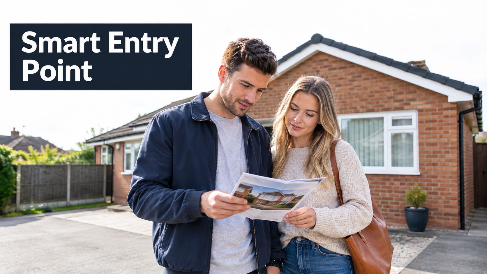 A young couple reviewing a real estate brochure while standing in front of a modern brick house.