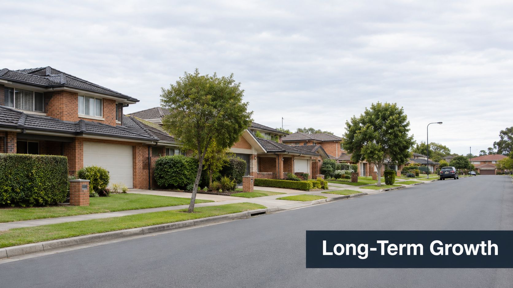 A quiet suburban residential street in South West Sydney featuring brick houses and manicured lawns.