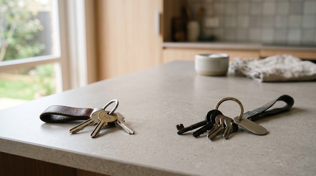 Two sets of house keys on a bench, representing divorce and the family home