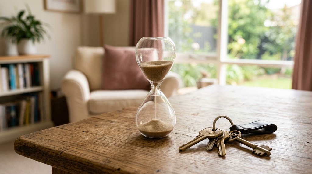 Hourglass and house keys showing the wait to sell a house before probate in NSW